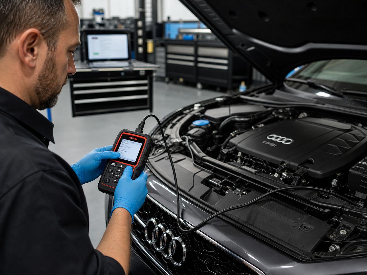Master technician performing computer diagnostics on a European vehicle