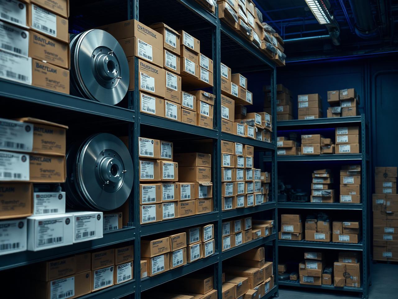 Shelves of OEM European automotive parts in organized warehouse
