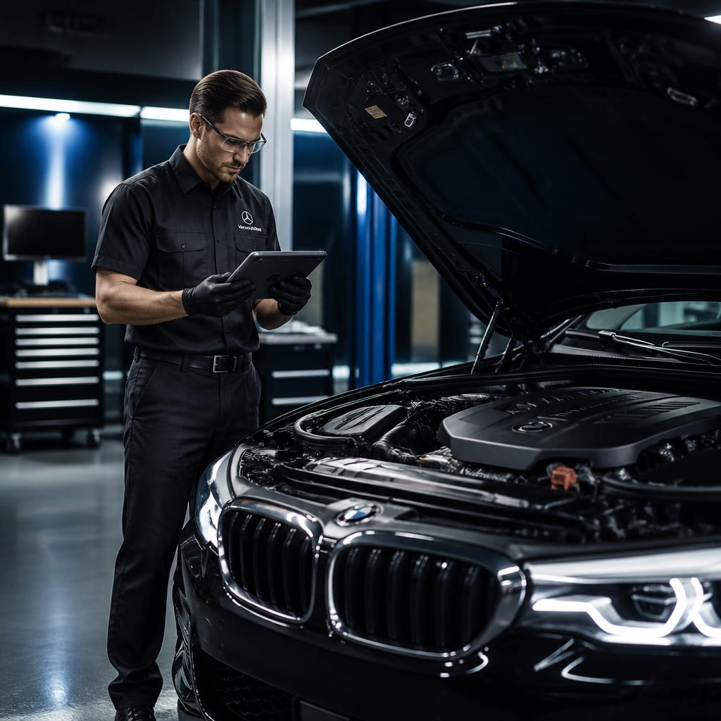 Master technician performing pre-purchase inspection on a luxury European vehicle