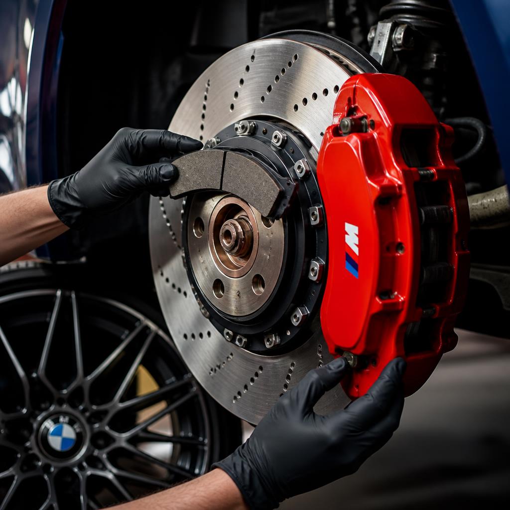 Mechanic installing a red performance brake caliper on a cross-drilled rotor in a workshop