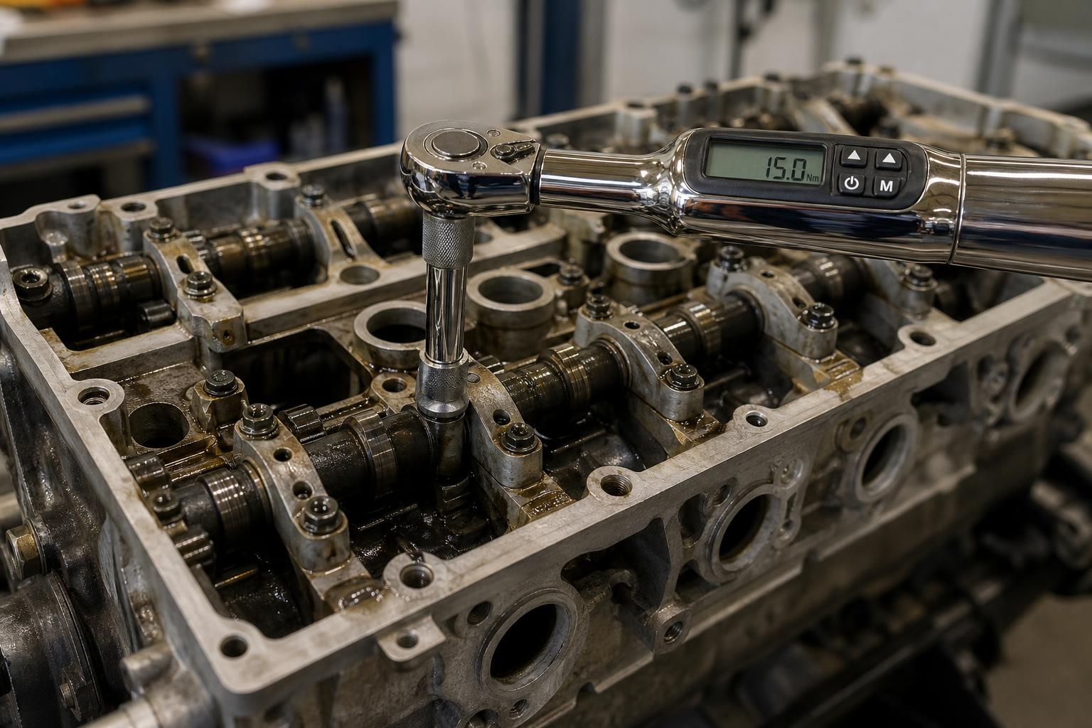 Digital torque wrench on European engine cylinder head