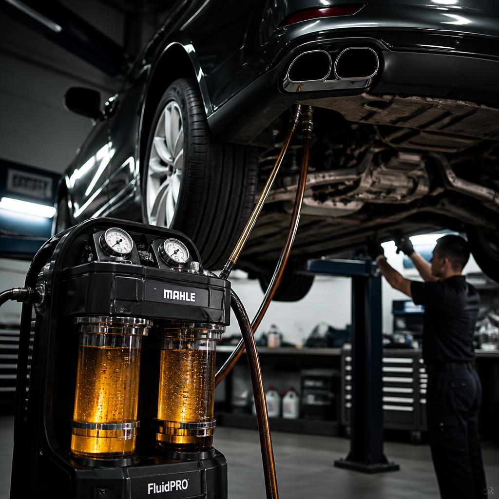 Oil filter wrench removing filter under lifted vehicle
